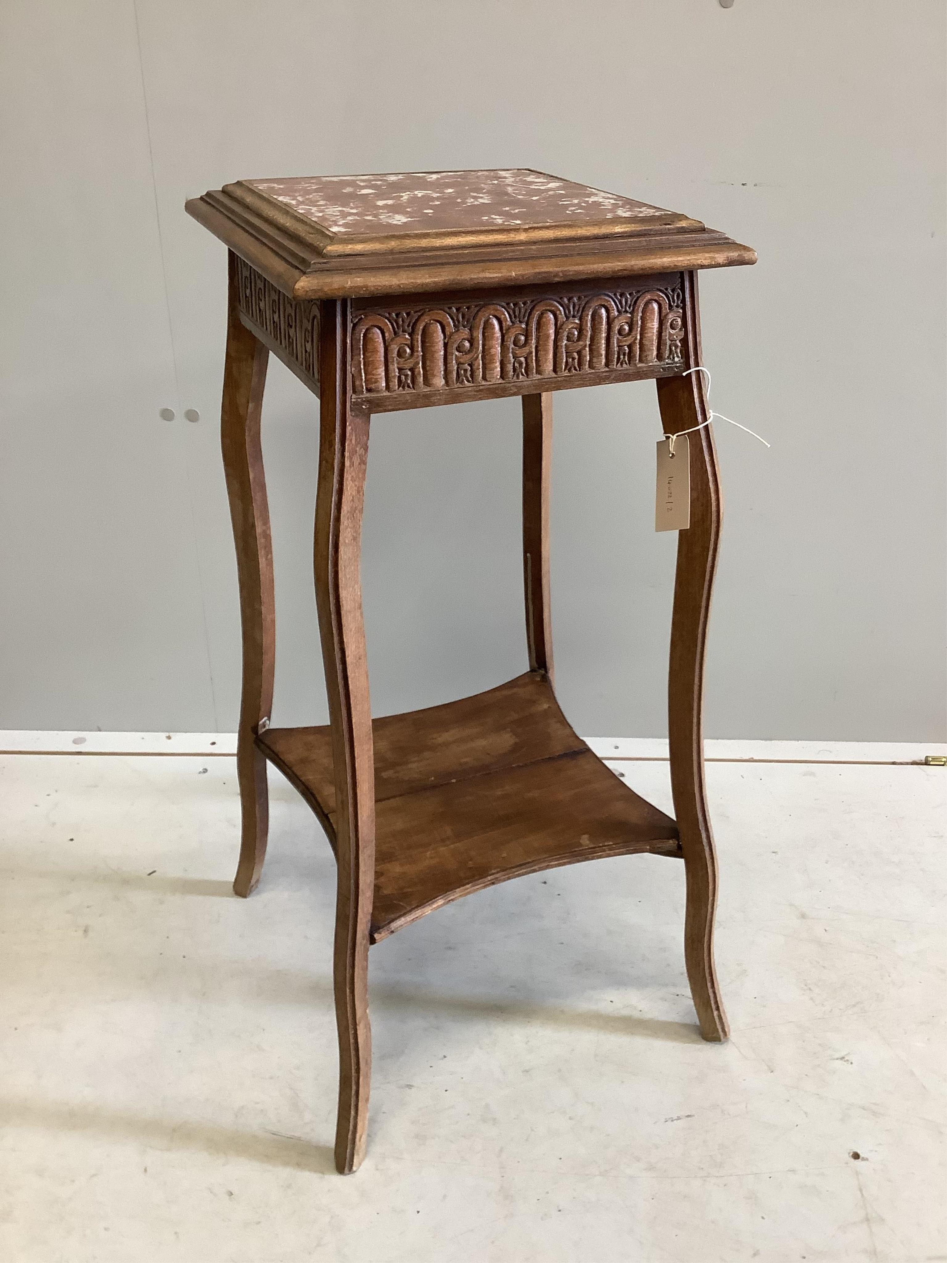 An early 20th century French marble topped beech two tier table, width 33cm, height 76cm
